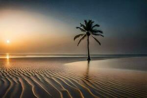 un' solitario palma albero sta su il spiaggia a tramonto. ai-generato foto