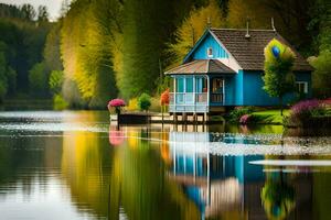 un' blu Casa si siede su il bordo di un' lago. ai-generato foto