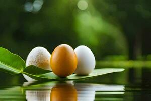 tre uova su un' foglia nel acqua. ai-generato foto
