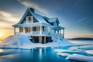 un' Casa su ghiaccio nel il mezzo di il oceano. ai-generato foto