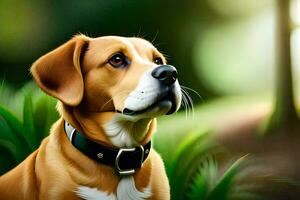 un' cane è guardare su nel il aria nel un' foresta. ai-generato foto