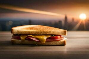 un' Sandwich con formaggio e prosciutto su un' di legno tavolo. ai-generato foto