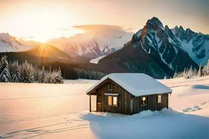 un' piccolo cabina nel il neve con montagne nel il sfondo. ai-generato foto