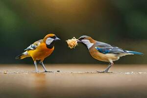 Due uccelli mangiare cibo su il terra. ai-generato foto