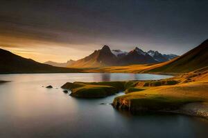 un' bellissimo paesaggio con montagne e acqua. ai-generato foto