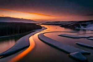 un' fiume flussi attraverso un' nevoso paesaggio a tramonto. ai-generato foto