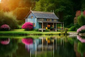 un' piccolo Casa si siede su il bordo di un' lago. ai-generato foto