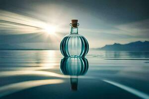 un' bottiglia di acqua seduta su il acqua con il sole splendente. ai-generato foto