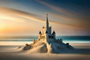 un' castello su il spiaggia a tramonto. ai-generato foto