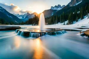 un' Fontana nel il mezzo di un' lago a tramonto. ai-generato foto