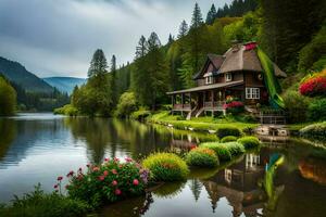 un' Casa si siede su il riva di un' lago circondato di alberi. ai-generato foto