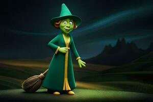 il strega è Tenere un' scopa e indossare un' verde vestire. ai-generato foto