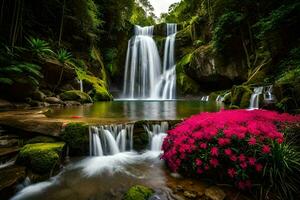 bellissimo cascata nel il giungla con rosa fiori. ai-generato foto