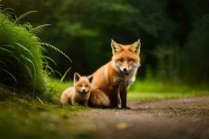 un' madre e sua cucciolo seduta su il strada. ai-generato foto