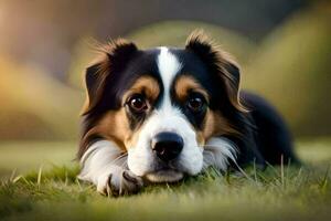 un' cane posa su il erba con suo testa trasformato per il lato. ai-generato foto