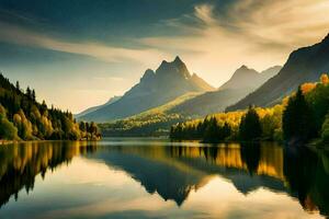 il montagne siamo riflessa nel il acqua. ai-generato foto