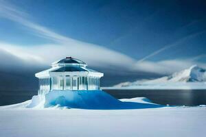 un' piccolo Casa nel il neve con un' blu cielo. ai-generato foto