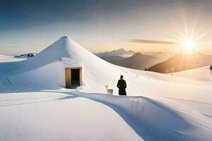 un' persona in piedi nel il neve vicino un' capanna. ai-generato foto