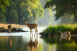 cervo e altro animali in piedi nel il acqua vicino un' fiume. ai-generato foto