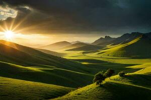 il sole brilla al di sopra di un' verde valle con colline. ai-generato foto
