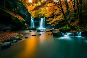 autunno cascata nel il foresta con arancia le foglie. ai-generato foto