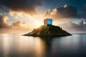 un' edificio su un isola nel il mezzo di il oceano. ai-generato foto