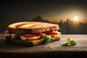 il Sandwich è su un' di legno tavolo con un' tramonto nel il sfondo. ai-generato foto