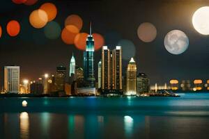 il città orizzonte a notte con un' pieno Luna. ai-generato foto