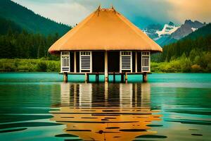 un' capanna si siede su il bordo di un' lago con montagne nel il sfondo. ai-generato foto