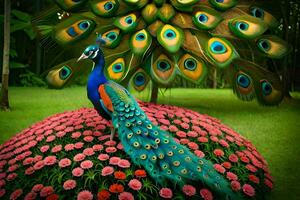 un' pavone è in piedi su un' fiore letto con colorato fiori. ai-generato foto