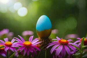 un' blu uovo seduta su superiore di viola fiori. ai-generato foto