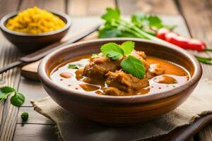 pollo curry nel un' ciotola con riso e spezie. ai-generato foto