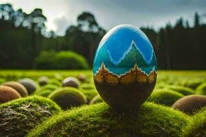 un Pasqua uovo nel un' campo con erba e alberi. ai-generato foto