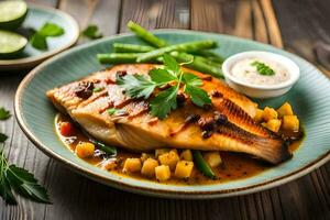 un' piatto di pesce con patate e verde fagioli. ai-generato foto