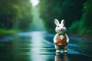 un' bianca coniglio in piedi su un' bagnato strada. ai-generato foto