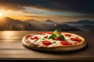 Pizza su un' di legno tavolo con montagne nel il sfondo. ai-generato foto