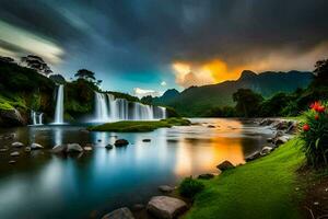 il tramonto al di sopra di il cascata. ai-generato foto