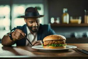 un' uomo nel un' cappello è mangiare un' hamburger. ai-generato foto