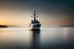 un' barca è andare in barca nel il oceano a tramonto. ai-generato foto