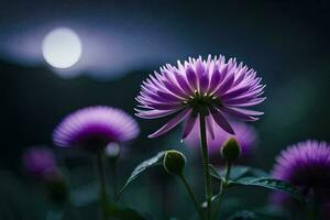 viola fiori nel il buio con un' pieno Luna. ai-generato foto