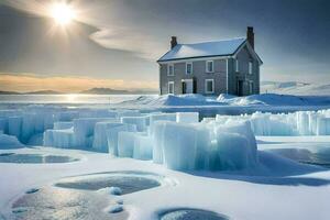 un' Casa si siede su superiore di un ghiaccio bloccare nel il mezzo di il oceano. ai-generato foto