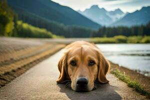 un' cane posa su il strada vicino un' lago. ai-generato foto