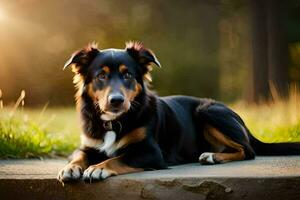 un' cane seduta su un' calcestruzzo ripiano con il sole splendente. ai-generato foto