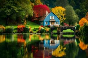 un' blu Casa si siede su il bordo di un' lago circondato di colorato alberi. ai-generato foto