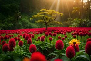 un' albero sta nel il mezzo di un' campo di rosso fiori. ai-generato foto