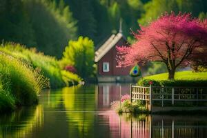 foto sfondo il cielo, acqua, alberi, Casa, ponte, ponte, il Casa, il. ai-generato