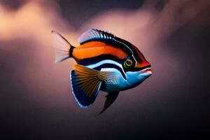 un' colorato pesce con Nero, bianca e arancia strisce. ai-generato foto