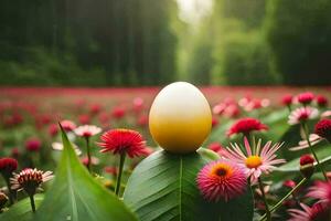 un uovo seduta su un' foglia nel un' campo di fiori. ai-generato foto