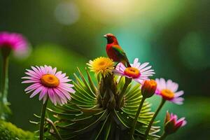 foto sfondo il cielo, fiori, uccello, natura, il sole, fiori, uccello, natura. ai-generato