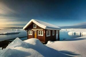 un' piccolo di legno Casa si siede su superiore di un iceberg. ai-generato foto